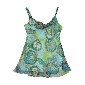 Y2k Babydoll Paisley Print Chiffon Tank Top Size S Blue Boho Western Hippie